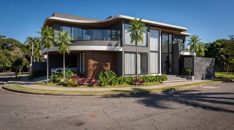 Estudo de fachada com revestimento em ripado de madeira e pedra