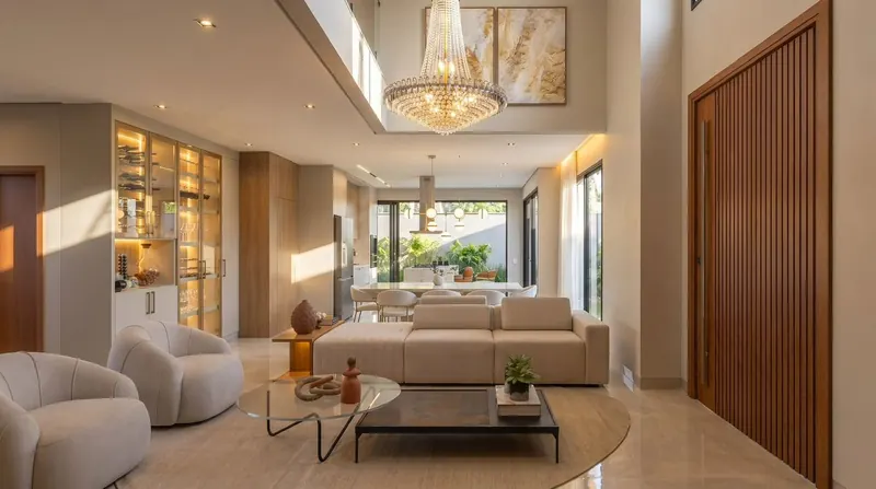 Sala de estar e jantar integradas com vista para a cozinha
